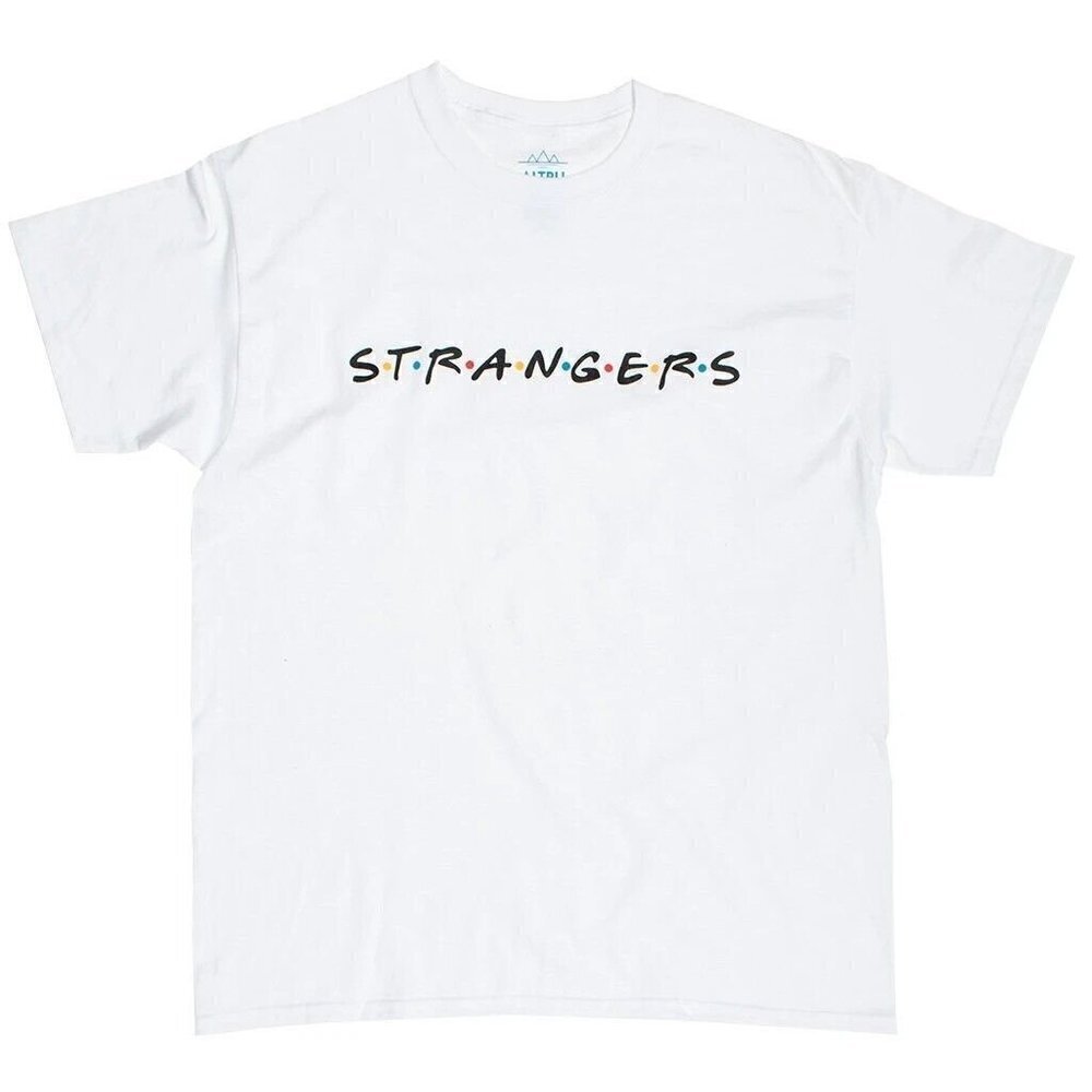 Altru funny white “Strangers” (spoof of Friends) short sleeve t-shirt. size M